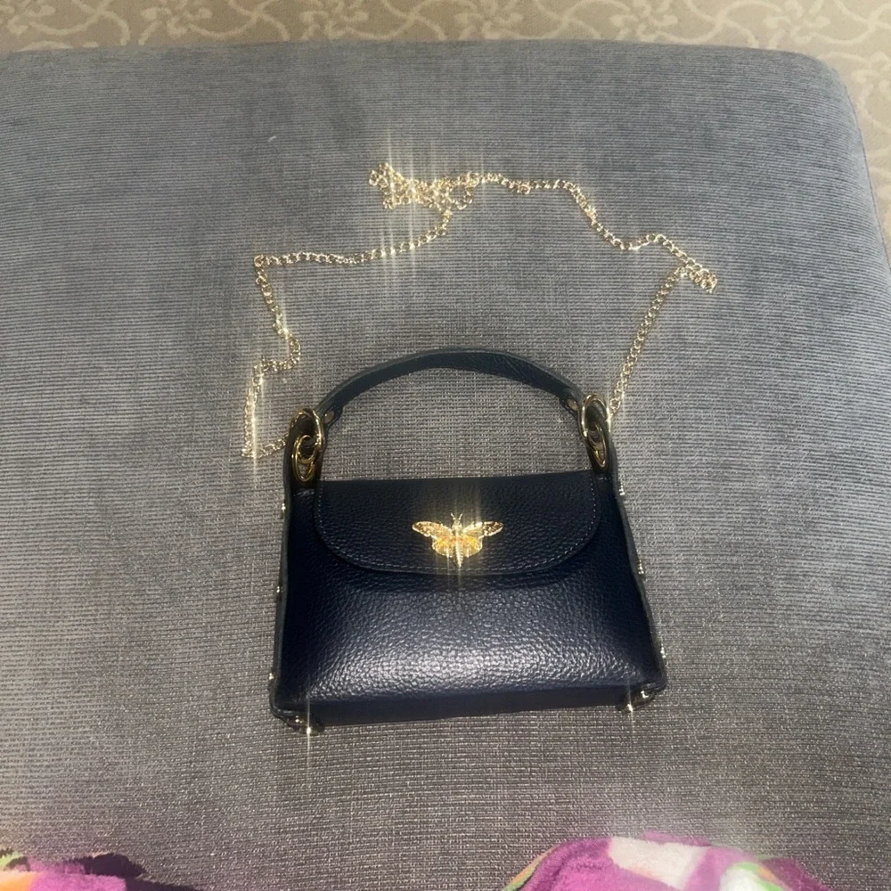 Vera Pelle Navy Little Bee” Bag in Genuine Leather Made in Italy NWOT - Picture 8 of 8